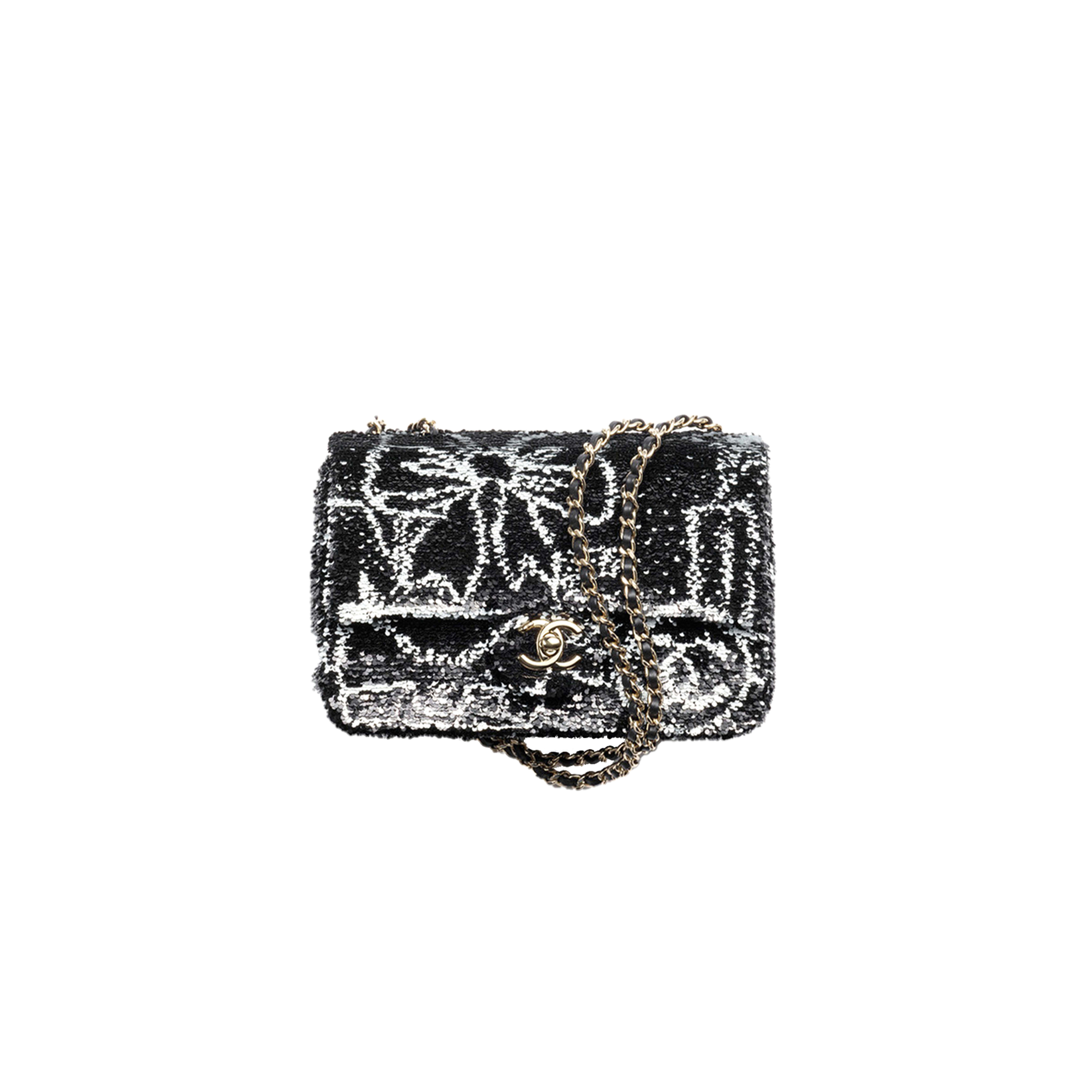 Ch*el flap bag sequins & gold-tone metal black & white as4561 (21*14*8cm)